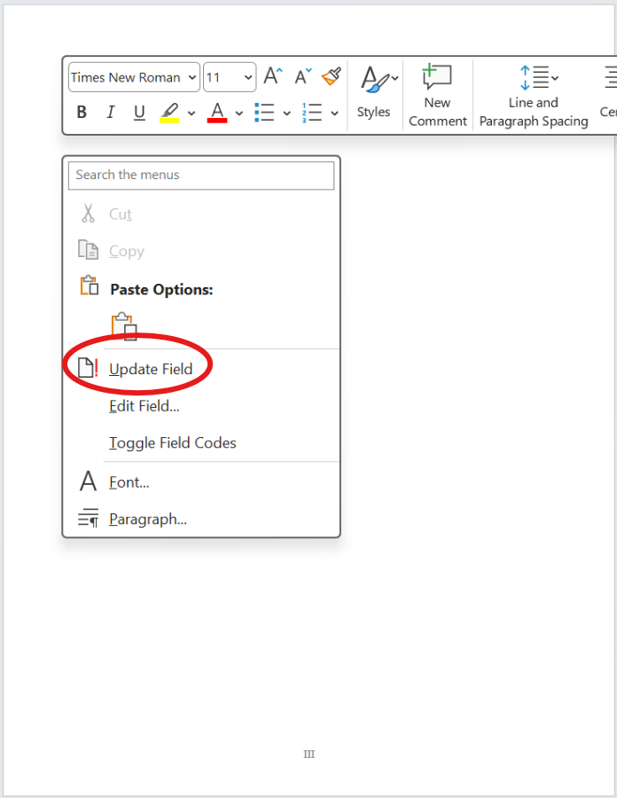 Update Field context menu